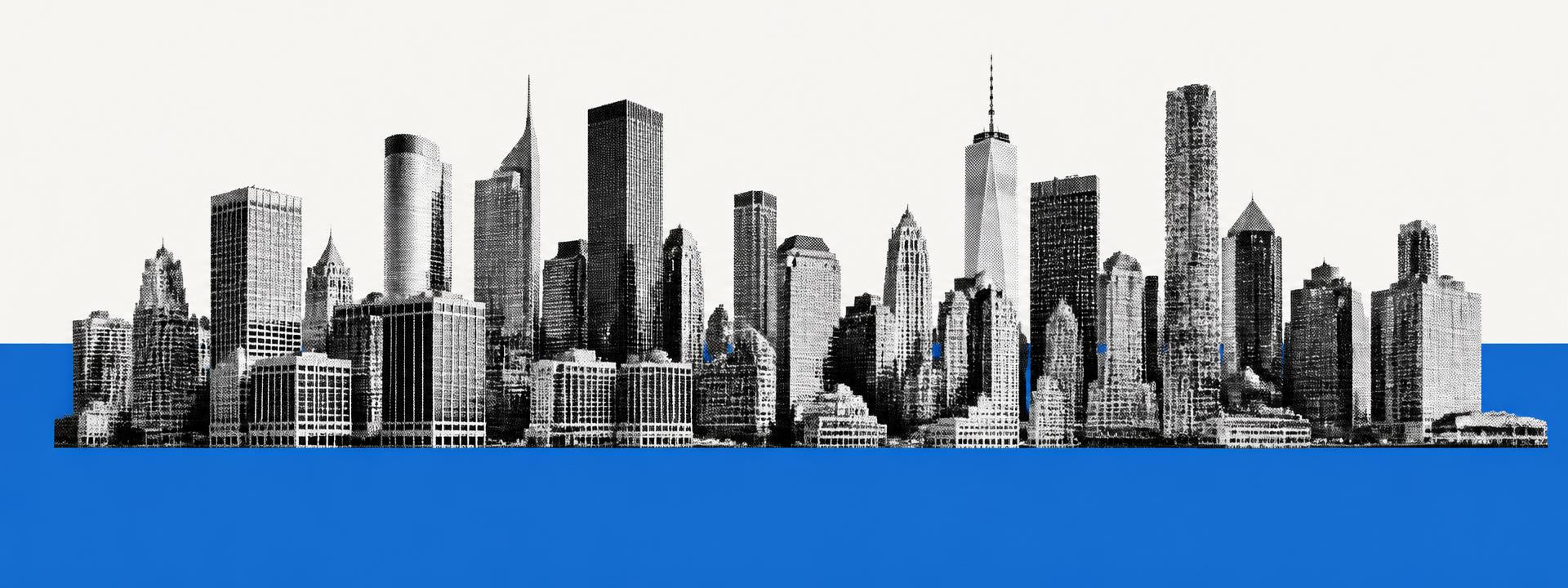 Illustrated city skyline over a blue band