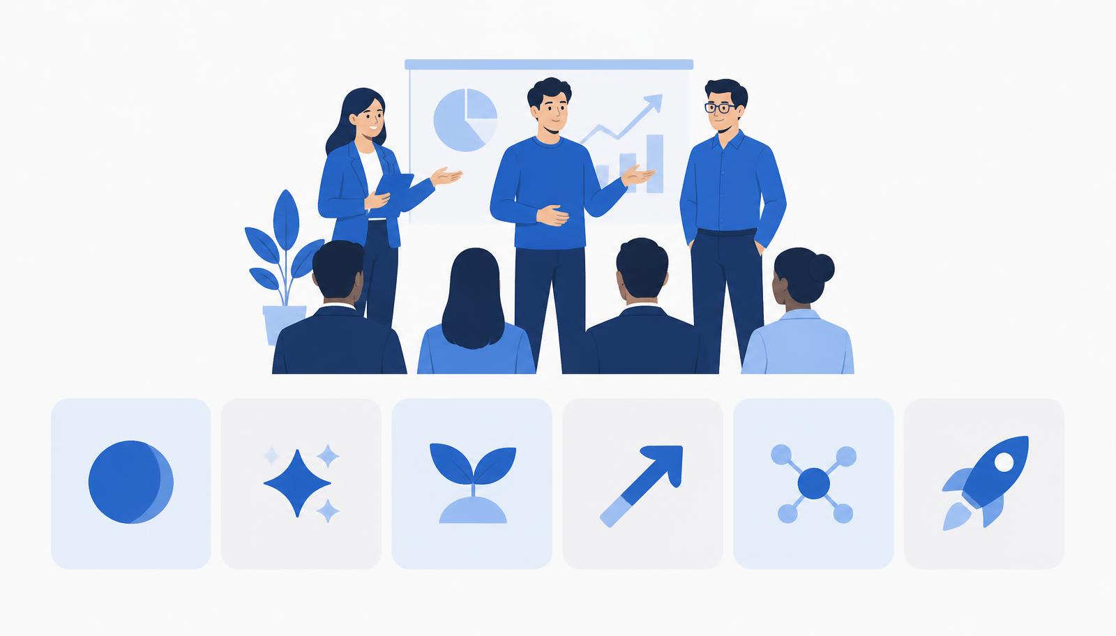 Founders presenting to investors above a row of funding platform icons